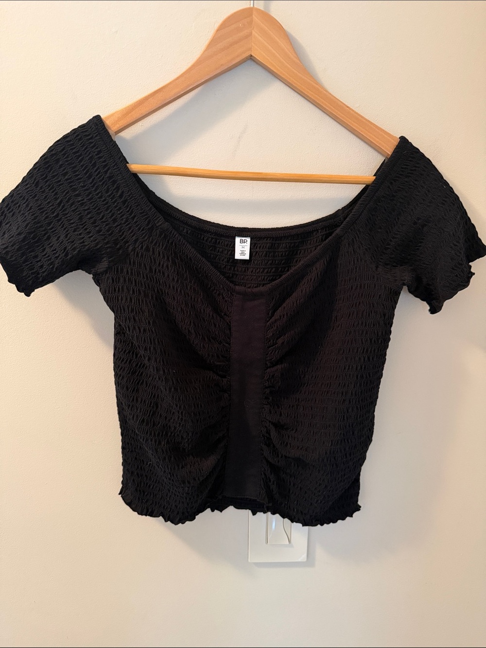 BP Black Smocked Ruched Crop off the shoulder Top